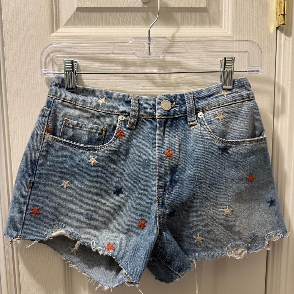 Blank NYC Blue and Red Jean Shorts Distressed Cut-Offs